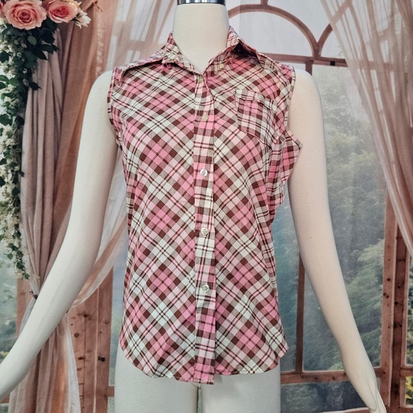 Take # 1 Tops - Vintage 1970s Pink Brown Plaid Sleeveless Button Down Shirt Pointed Collar